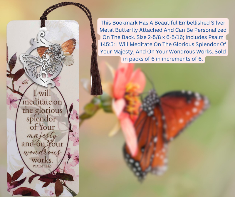 Ornate bookmark front with silver butterfly medallion, floral print, and tassel