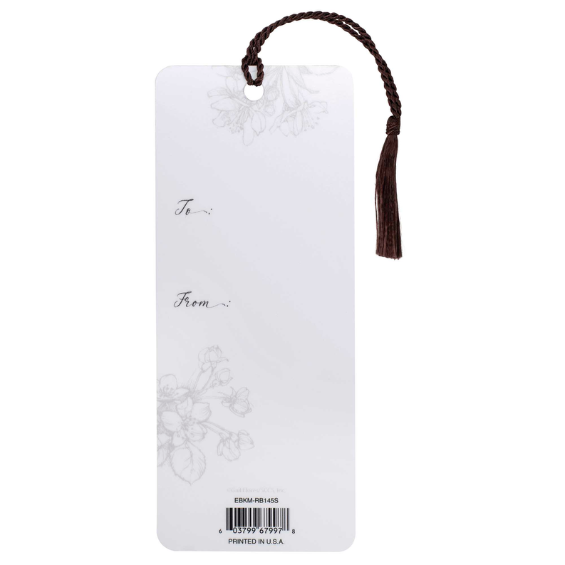 Bookmark back with faint floral line art and dark tassel cord