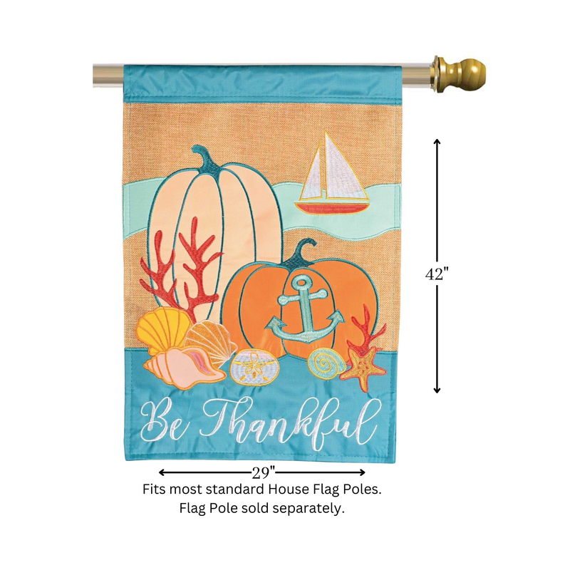 Coastal be thankful flag with sailboat and anchor; blue-tan sea scene, 29x42 in