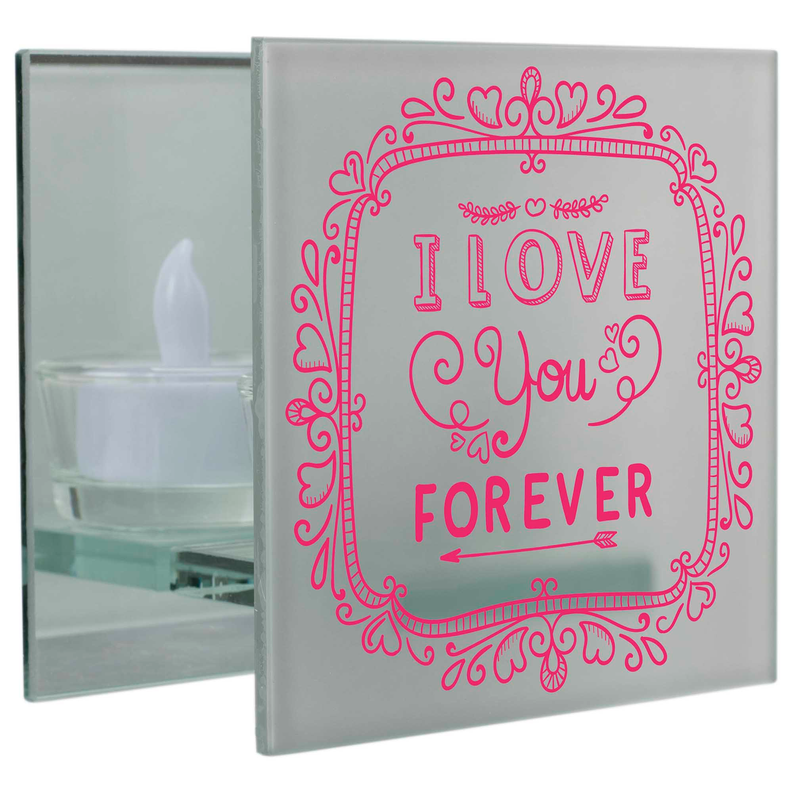 Tealight gift box with pink 'I love you forever' heart scroll design, open