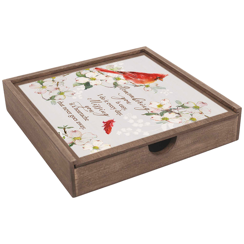 Brown wooden memory box with floral lid insert and heartfelt quote card
