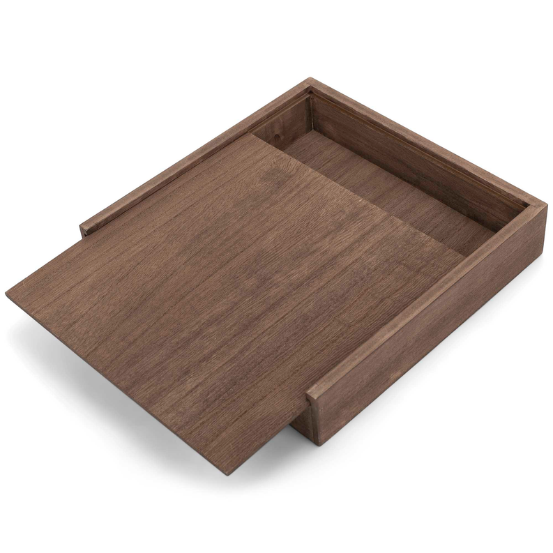 Brown wooden memory box tray insert, open with recessed handle
