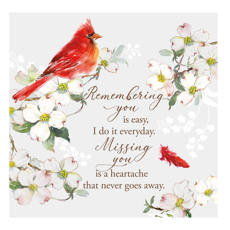 Floral quote card with cardinal birds and 'Remembering you is easy' text
