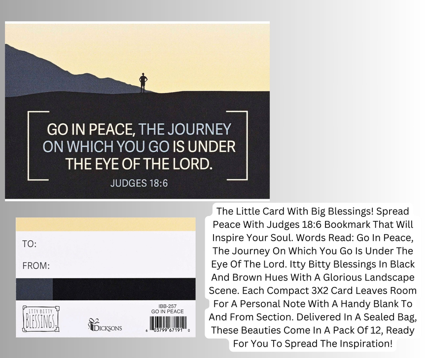 Small greeting card with black front featuring peace quote and “Judges 18:6”.
