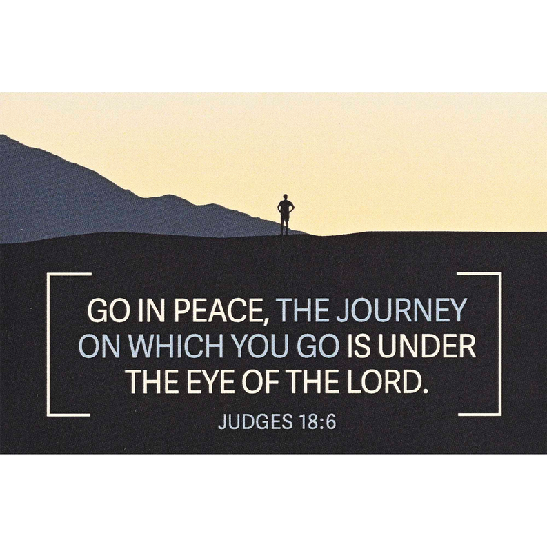 Peace-themed greeting card front with “Go in peace...” verse and “Judges 18:6”.