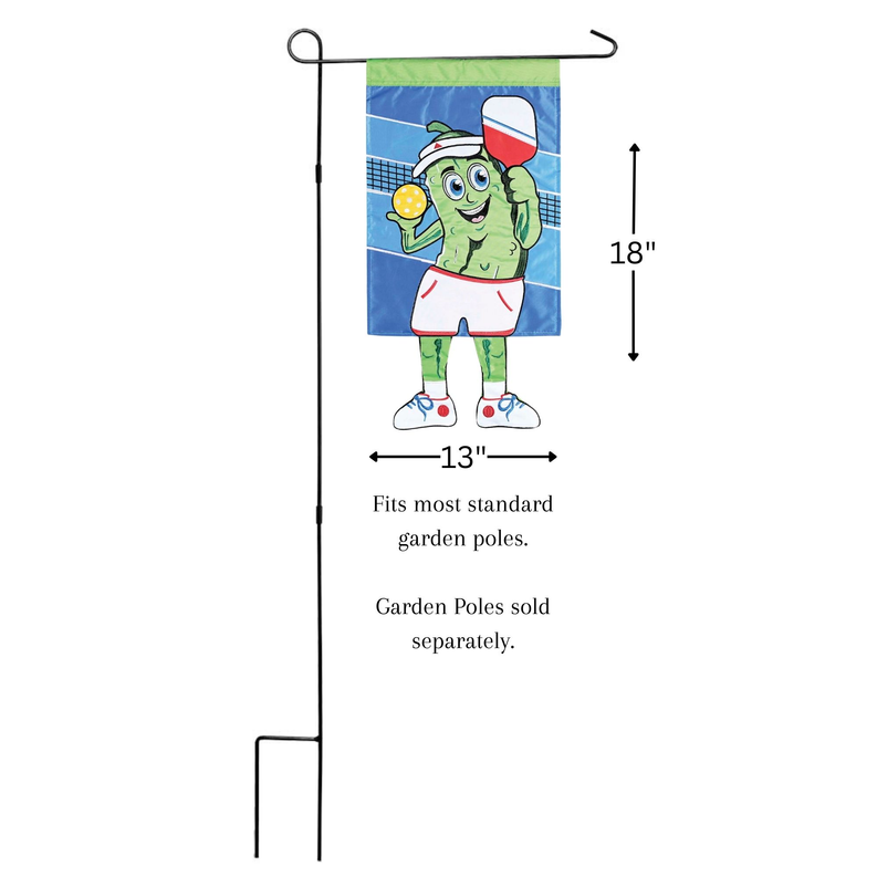 Green and blue cartoon pickleball pickle mascot garden flag with top header and hanging hooks