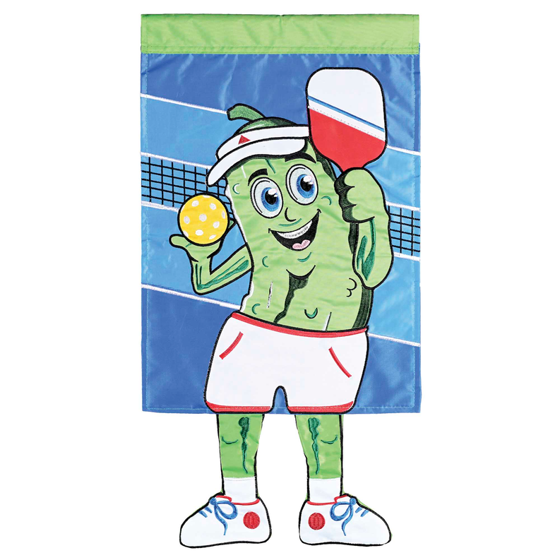 Close-up garden flag showing green cartoon pickleball mascot holding a yellow pickleball