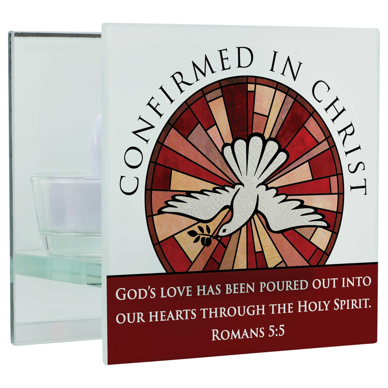Tealight gift box with red circular dove graphic and Romans 5:5 quote