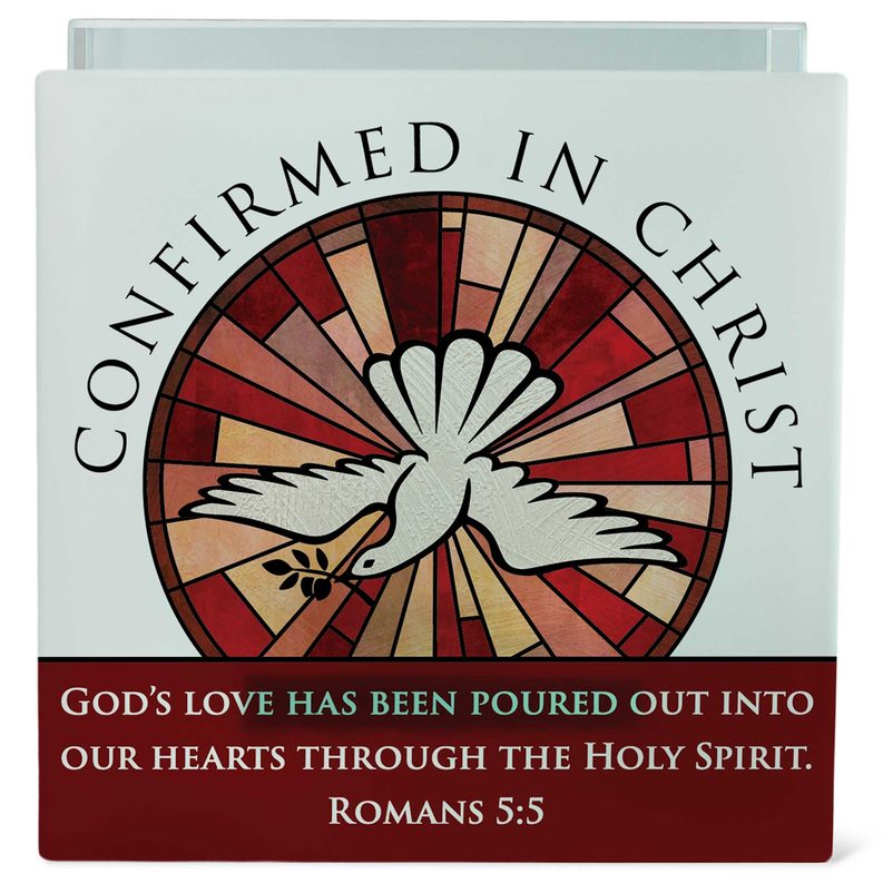 Tealight gift box with red sunburst dove graphic and Romans 5:5 scripture text