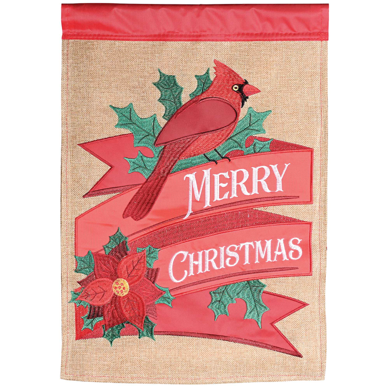 Flag Poinsettia With Cardinal 13x18 - Brown/ Red / 1 - Religious Jewelry