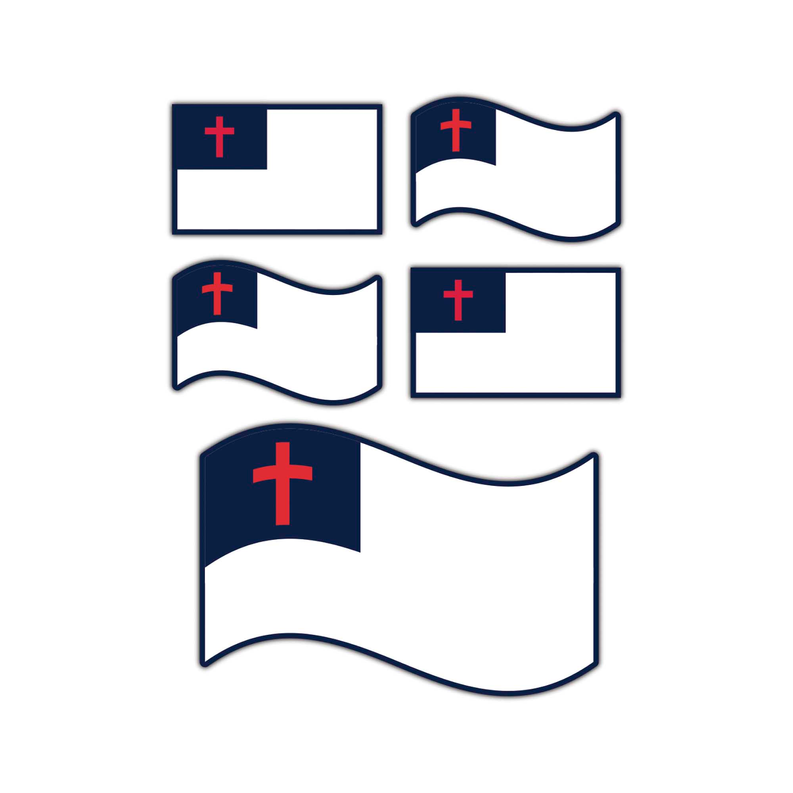 Set of 6 Christian flag stickers, navy and white flags with red cross
