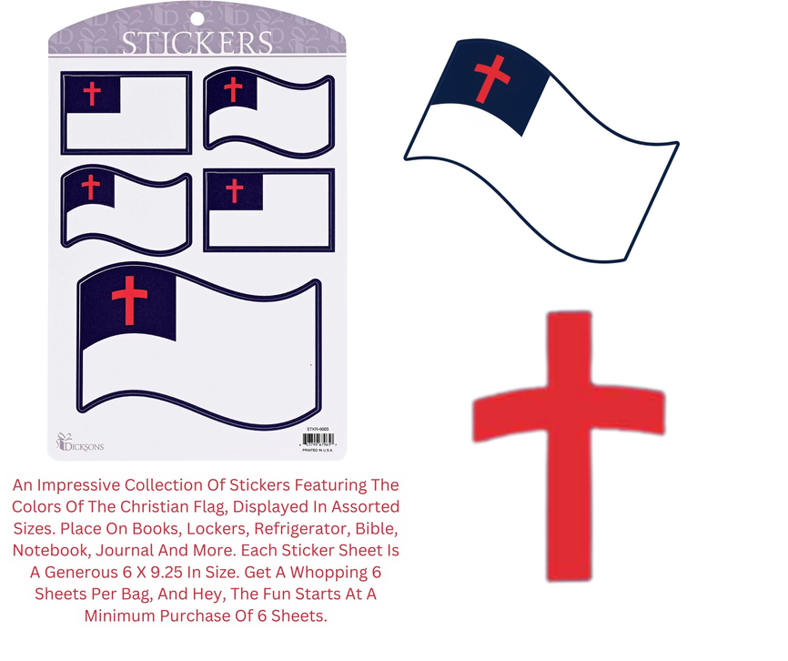 Christian flag sticker sheet with six flags plus one single decal, red cross