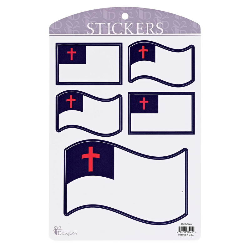 Sticker sheet with six Christian flag decals, navy and white flags and red cross