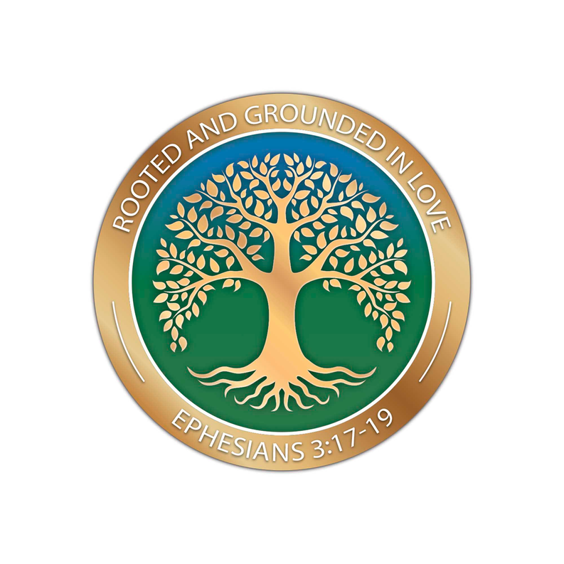 Circular rooted tree sticker with teal canopy, gold ring, and Ephesians 3:17-19