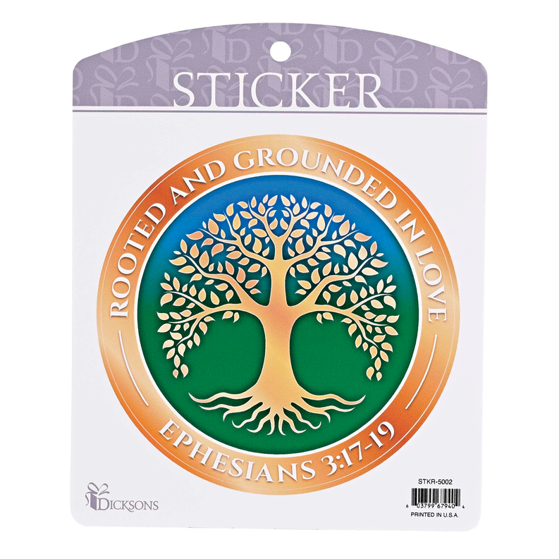 Rooted tree faith sticker, orange and green circular design with Bible verse text