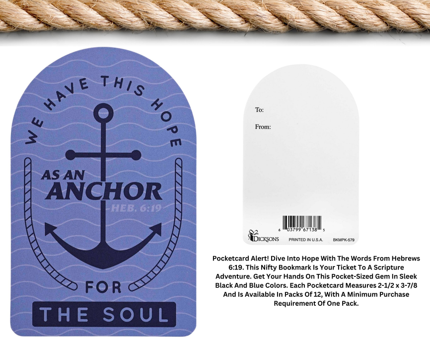 Blue pocket card with anchor graphic and scripture text on the front