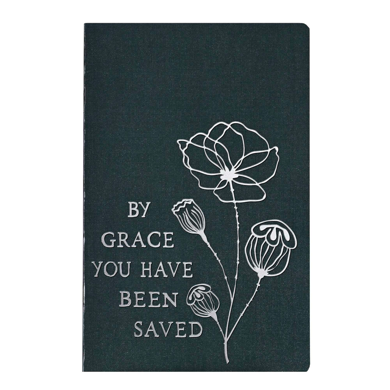 Dark prayer journal with line-art flowers and quote 'BY GRACE YOU HAVE BEEN SAVED'.