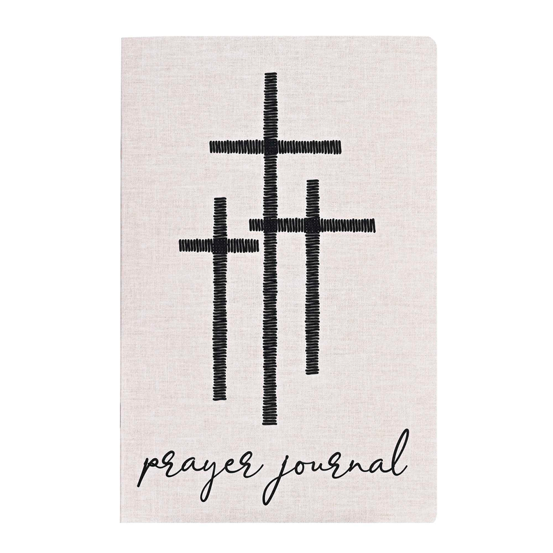 Cream journal with bold black crosses and cursive text 'prayer journal'.