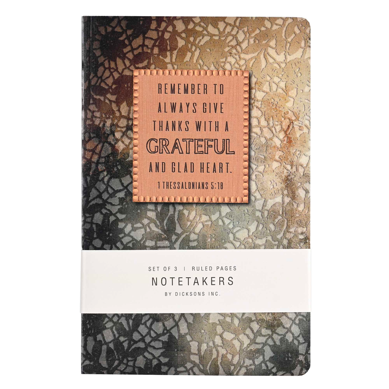 Mottled patterned journal with copper quote plaque and 'NOTETAKERS' label.