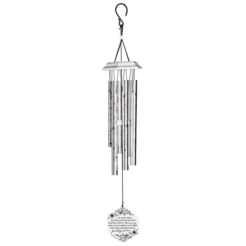 Iron wind chime with vertical metal tubes and small hanging angel wings charm, white
