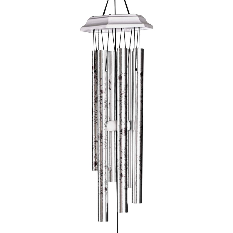 Iron wind chime with round top, hanging vertical metal tubes, black and silver