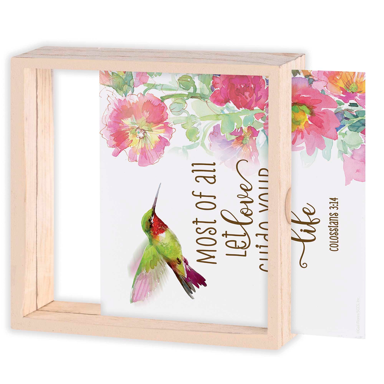 Tabletop two-sided wooden frame with floral cards, partial 'Let love guide your life' text