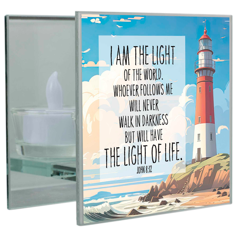 Framed lighthouse quote art, blue and teal ocean scene with scripture text