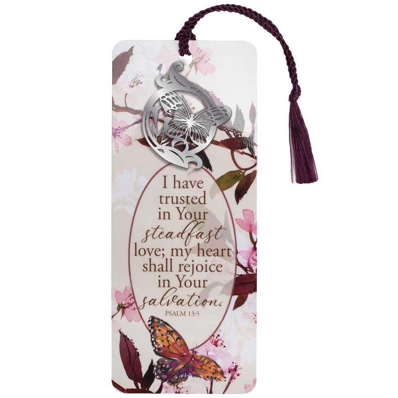 Floral inspirational bookmark with dark purple tassel and metallic dove ornament