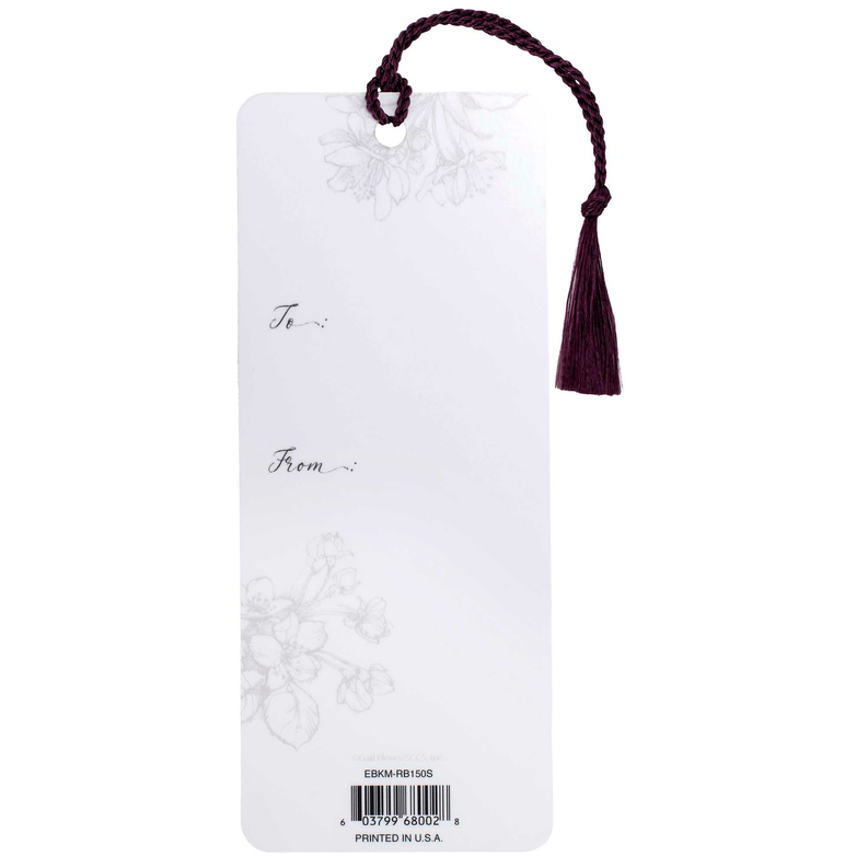 Plain white bookmark card with purple tassel and faint floral outline, barcode at bottom