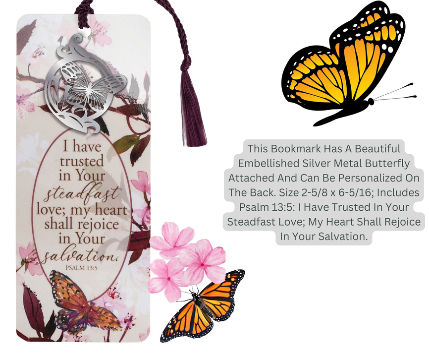 Floral inspirational bookmark with purple tassel and butterfly accents with silver ornament