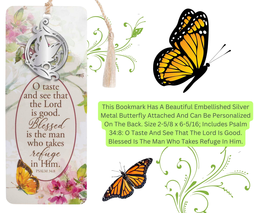 Tassel bookmark with silver lantern ornament, scripture text, butterflies, floral art
