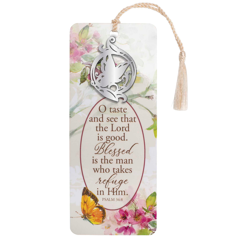Tassel bookmark with floral collage, scripture verse, and silver lantern ornament