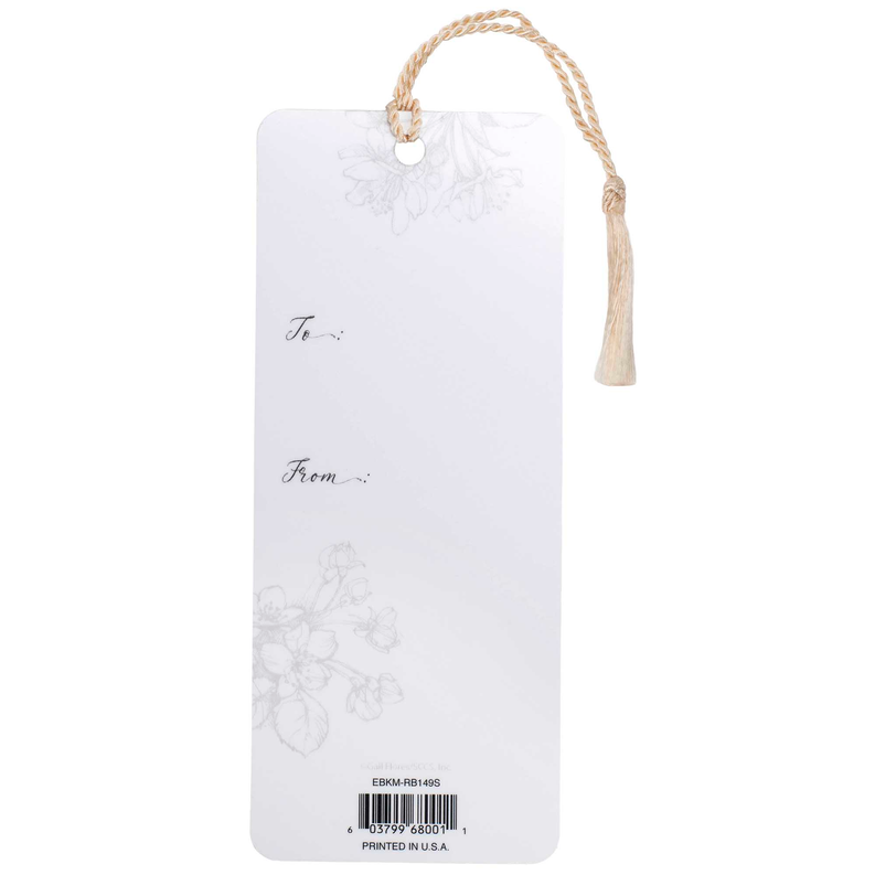 Tassel bookmark with braided cord loop and faint floral line art on back
