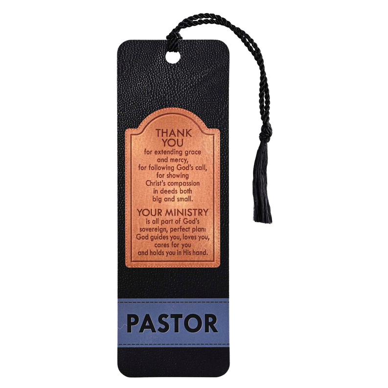 Black tassel bookmark with 'Thank You' card and blue 'PASTOR' label