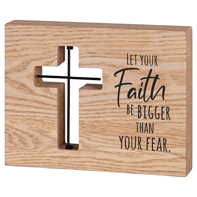 Wood tabletop wire cross plaque with quote: “Let your faith be bigger than your fear”