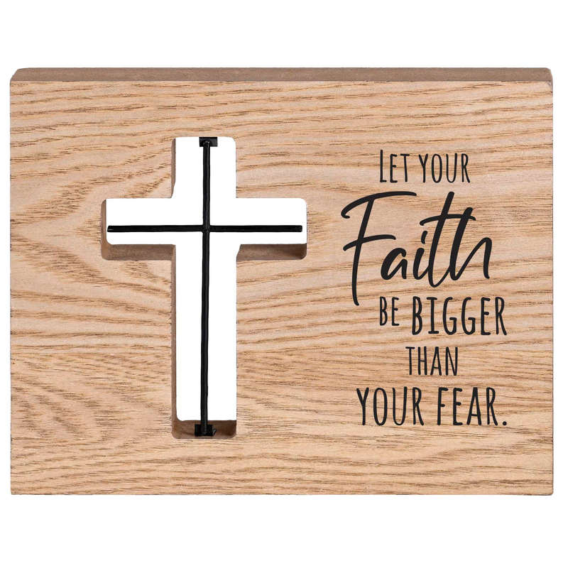 Wood tabletop wire plaque with black cross and faith quote: “Let your faith be bigger”