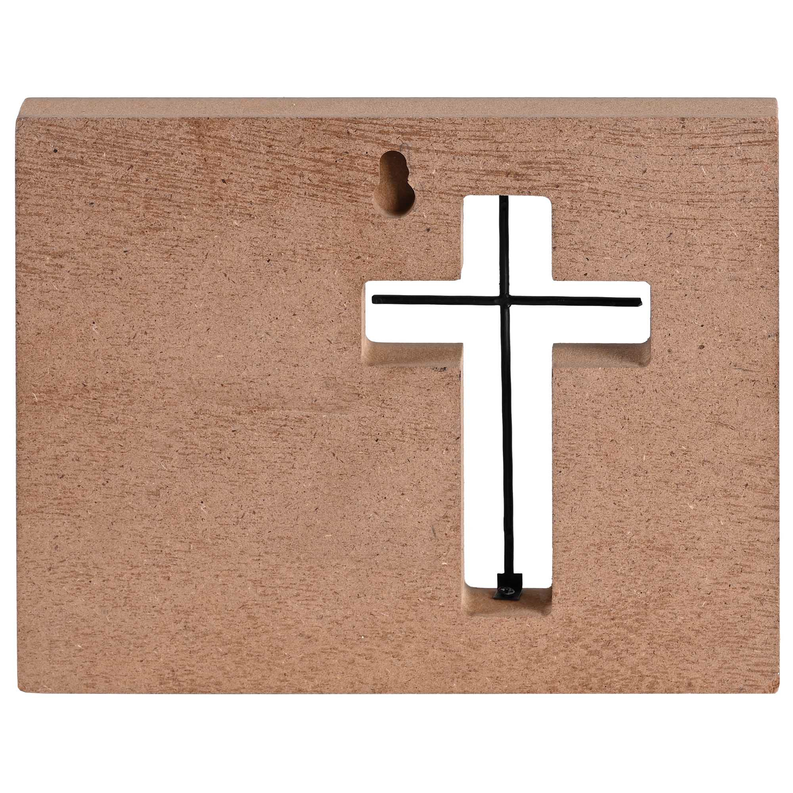 Wood tabletop wire cross plaque with hanging hole and raised black cross