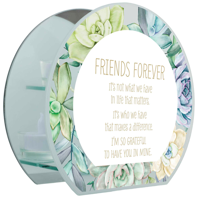 Decorative floral tealight holder with “Friends Forever” message on white center