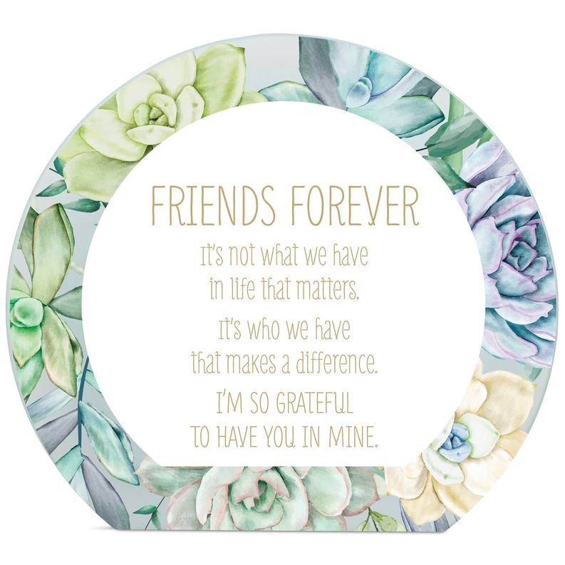 Floral oval tealight holder, “Friends Forever” quote centered on white panel