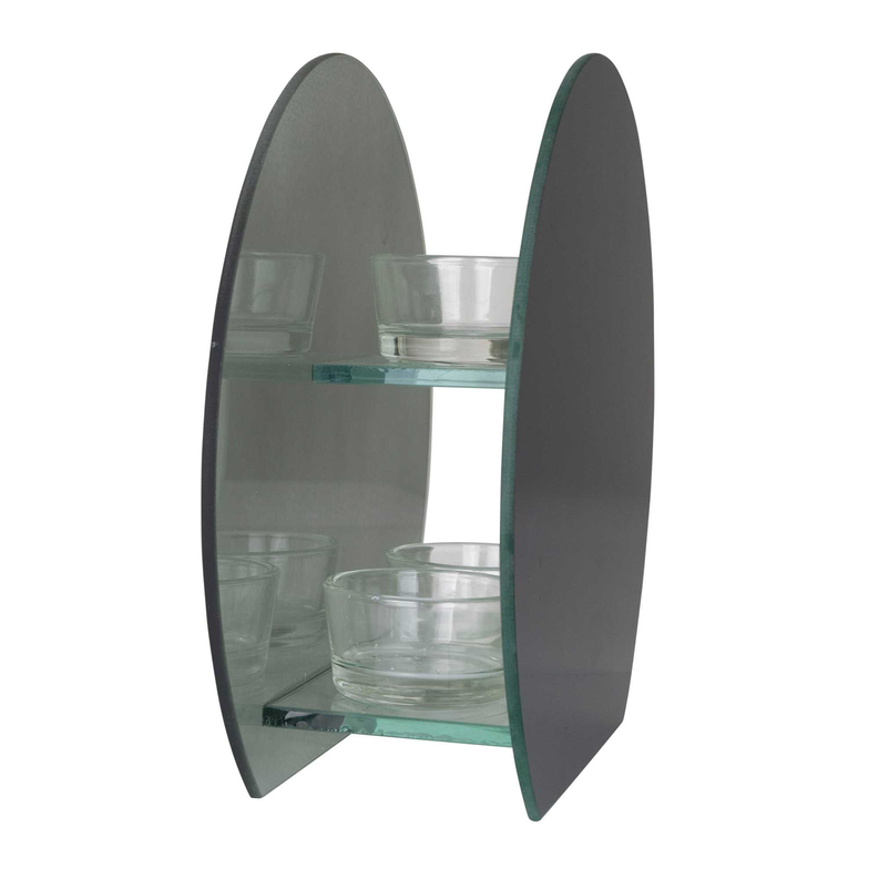 Oval tealight holder with dark side panels and clear glass cups inside