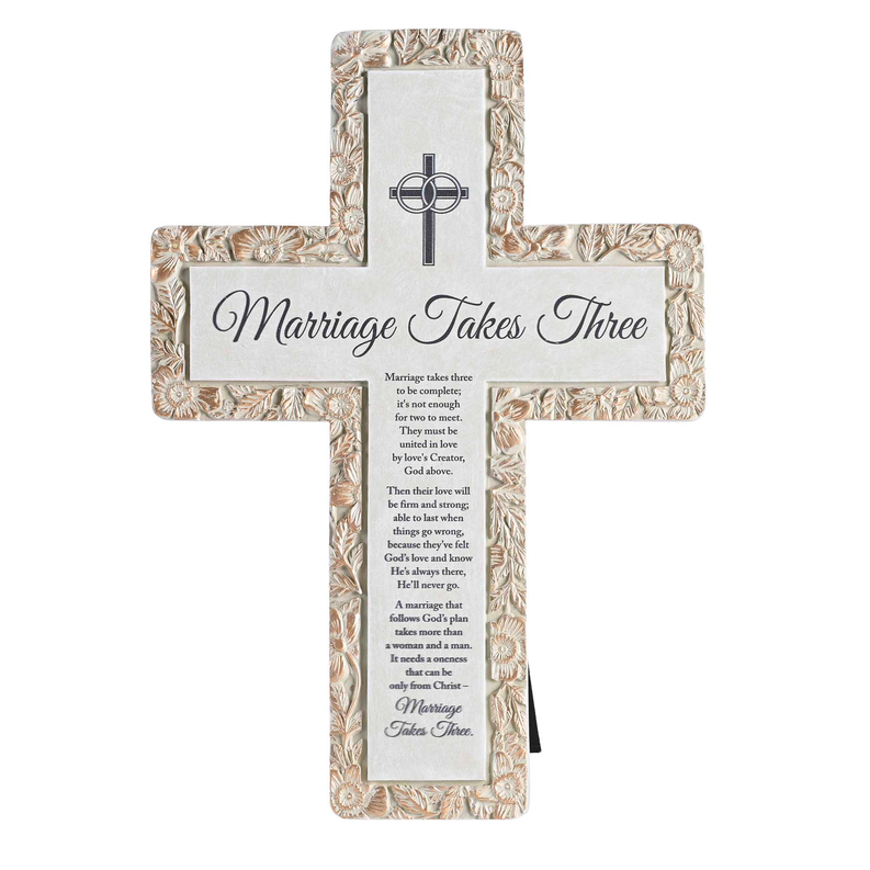 Tabletop cross decorative plaque with wedding poem, ornate floral border in brown and white