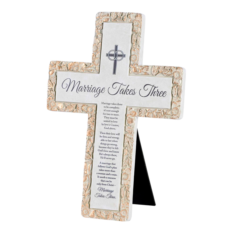 Tabletop cross decorative plaque with wedding poem, floral frame and vertical stand base
