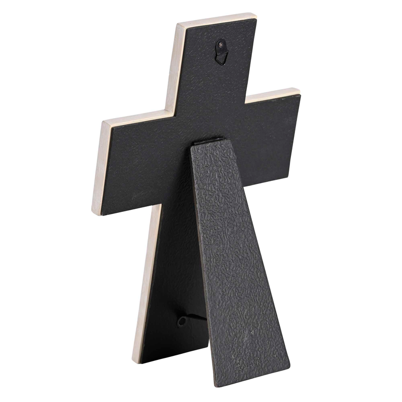 Tabletop cross ornament with textured black finish, small hook and metal-style backing