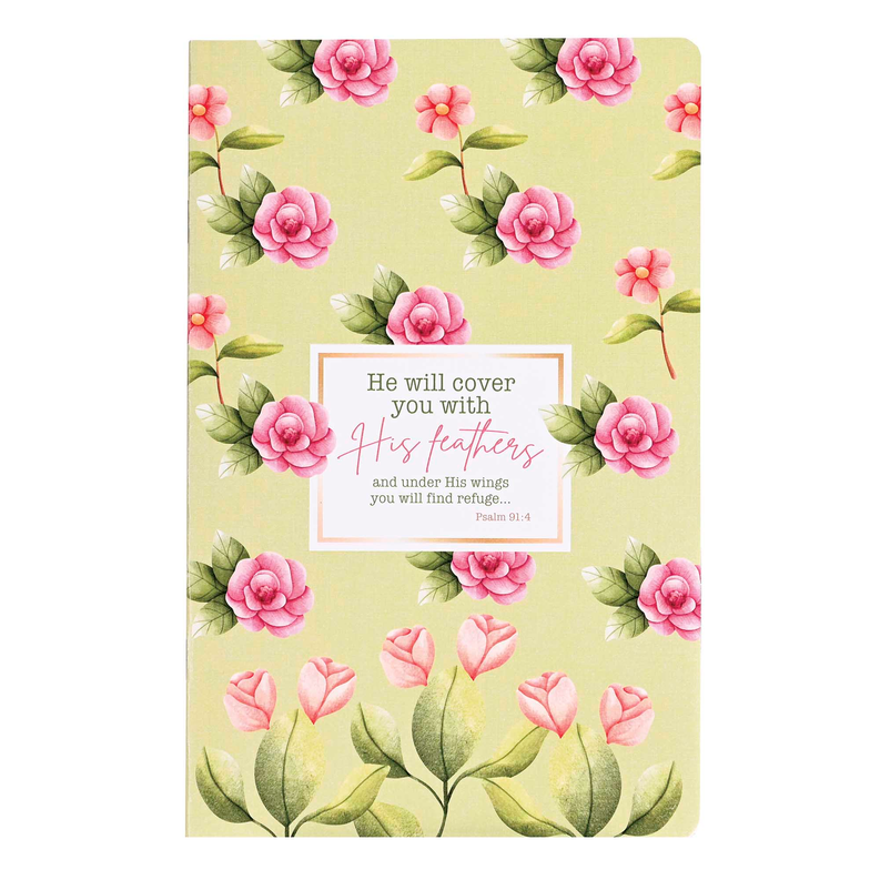 Pink rose patterned ruled notebook with scripture quote card on yellow cover