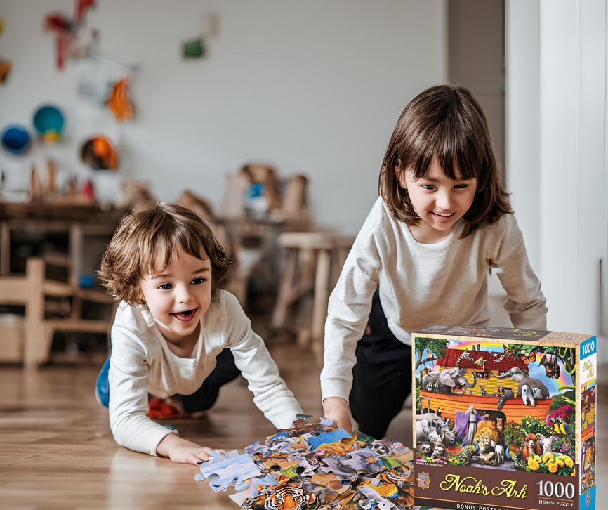Two children assembling a Noah’s Ark 1000-piece jigsaw puzzle, with puzzle box nearby