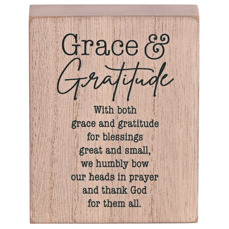 Wooden tabletop plaque front with large 'Grace & Gratitude' lettering and verse