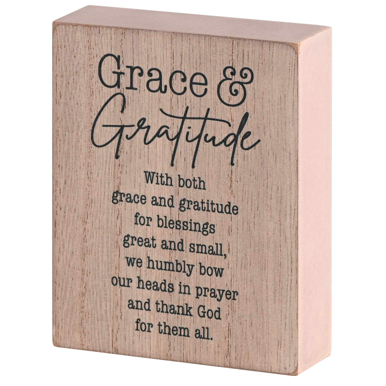 Wooden tabletop plaque with 'Grace & Gratitude' quote and small verse text