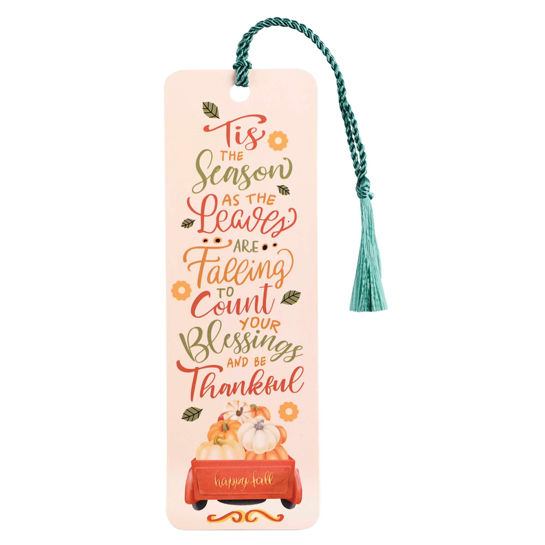 Autumn quote tassel bookmark on pale tag with orange, green, and flower design
