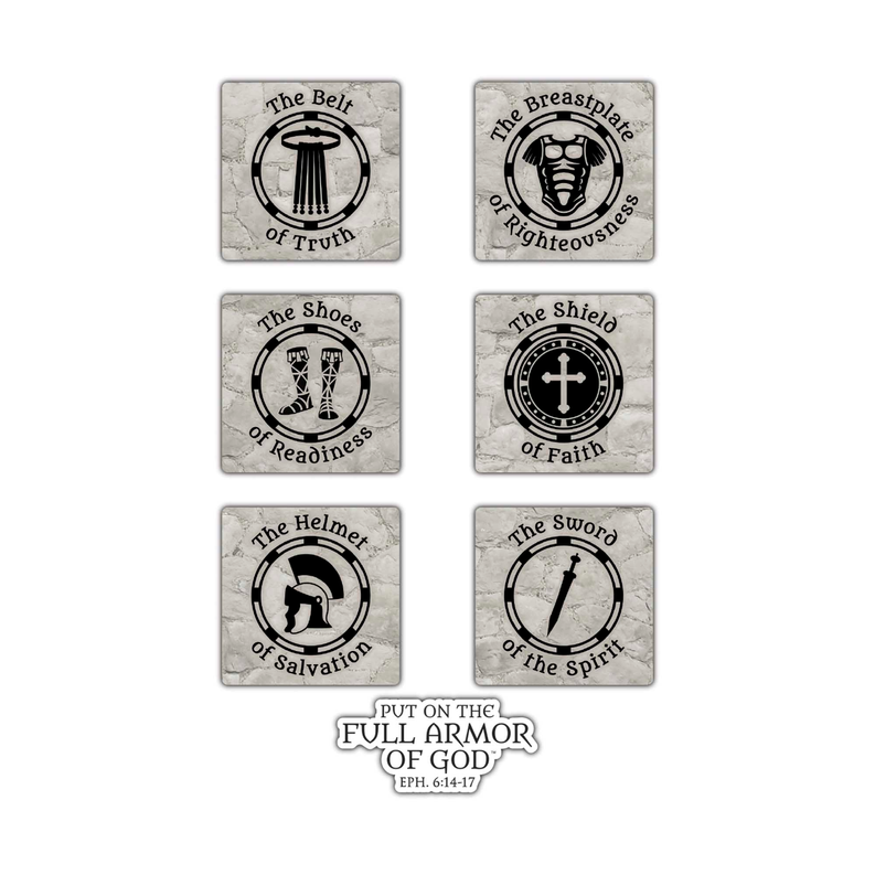 Set of six square stickers with black-gray icons: belt, breathplate, shoes, shield, helmet, sword