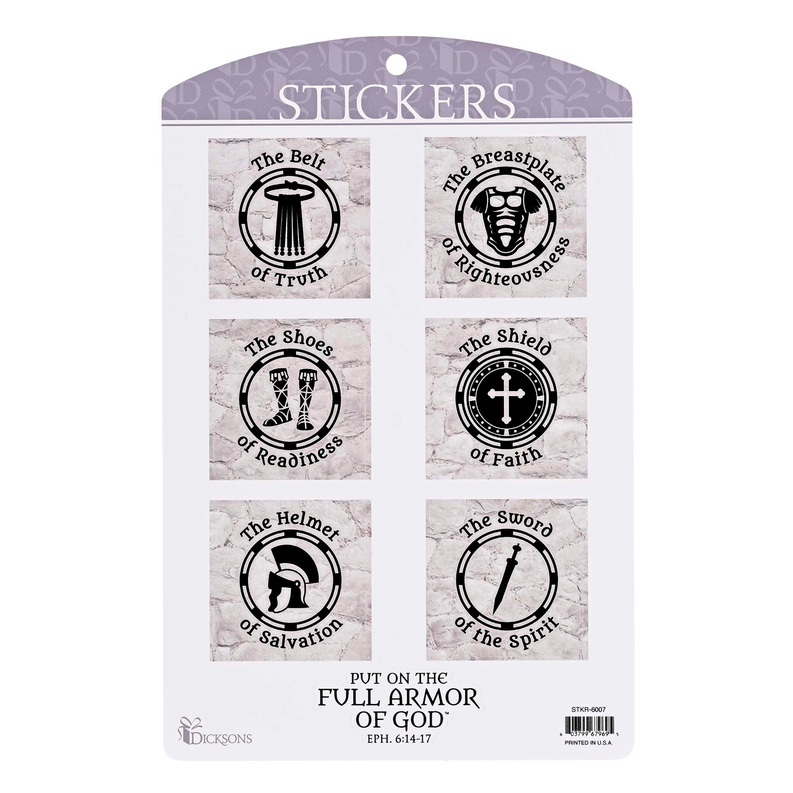 Sticker set card with six square black-gray icons: belt, breathplate, shoes, shield, helmet, sword